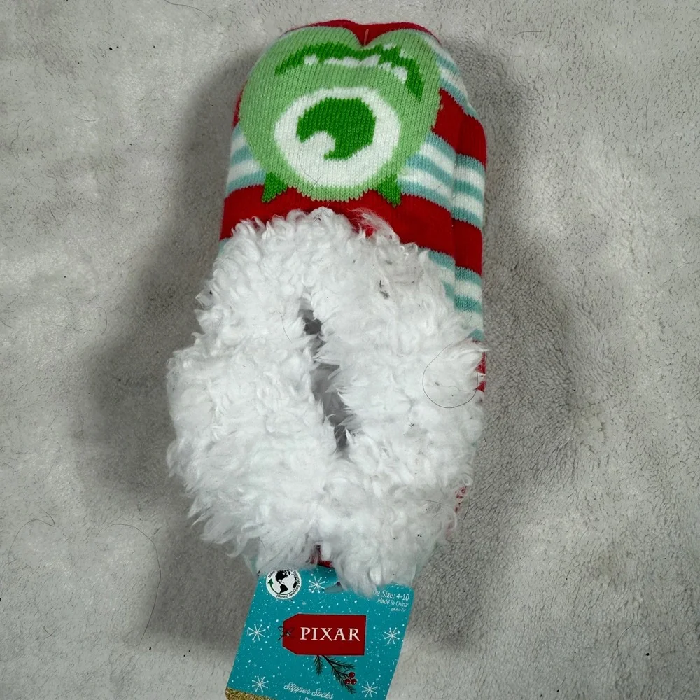 Kids Pixar Mike Wazowski Slipper Socks Sherpa Red Green Stripe Size 4-10‎ NEW